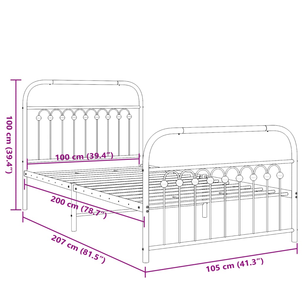 Metal Bed Frame without Mattress with Footboard Black 100x200cm