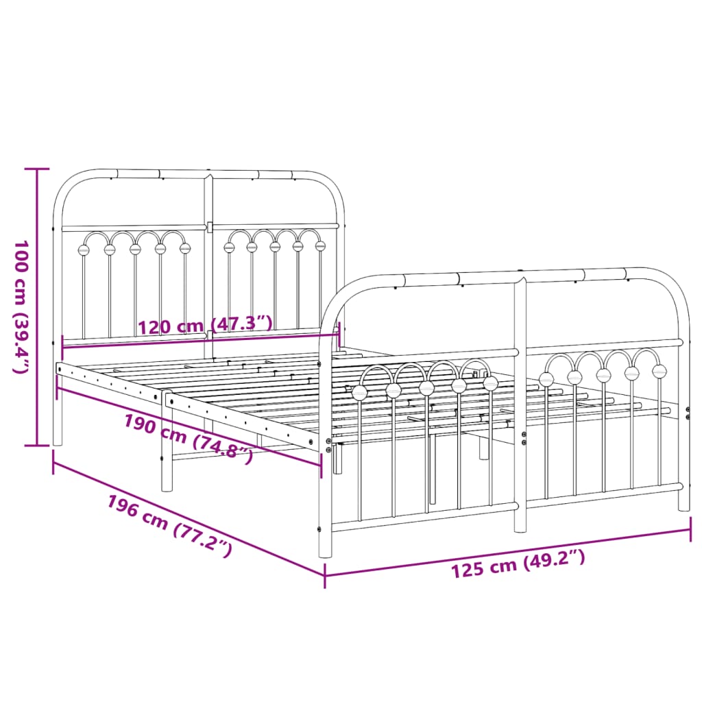 vidaXL Metal Bed Frame without Mattress with Footboard Black 120x190cm