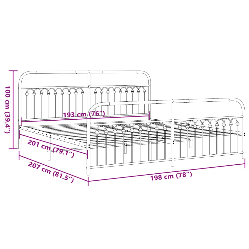 vidaXL Metal Bed Frame without Mattress with Footboard Black 193x203cm