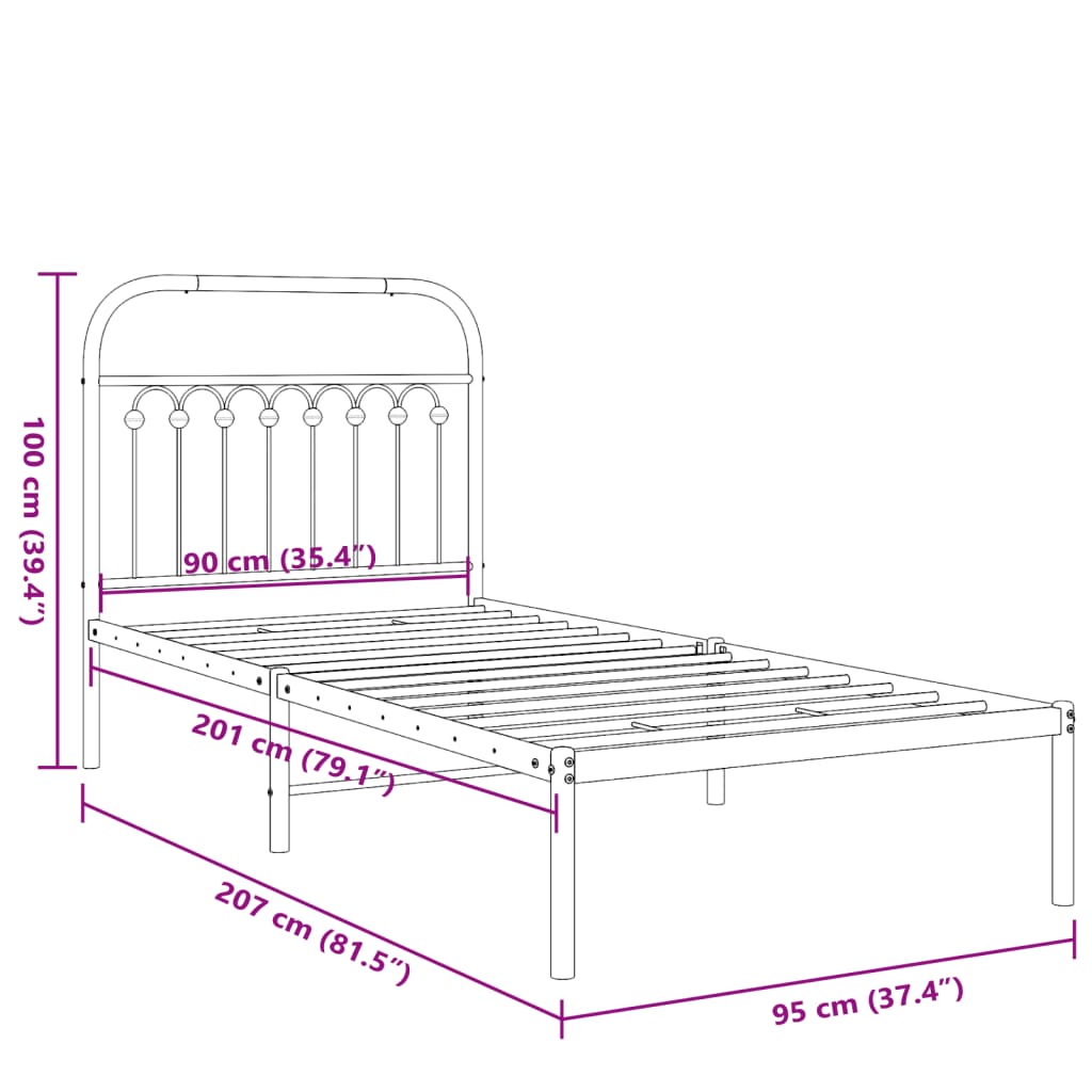 vidaXL Metal Bed Frame without Mattress with Headboard White 90x200cm