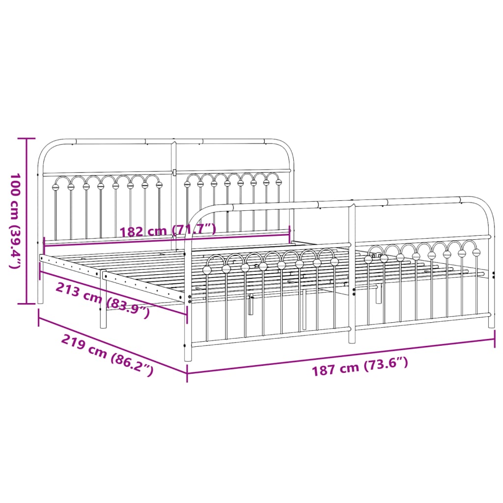 vidaXL Metal Bed Frame without Mattress with Footboard White 183x213cm