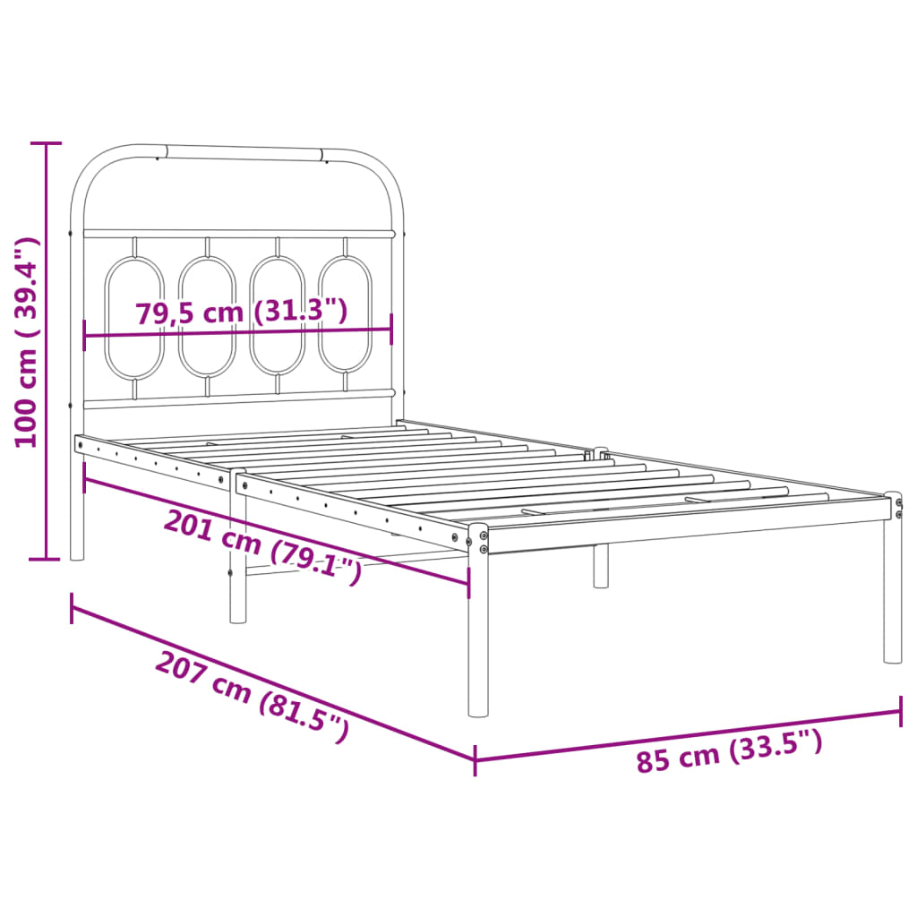 vidaXL Metal Bed Frame without Mattress with Headboard Black 80x200cm