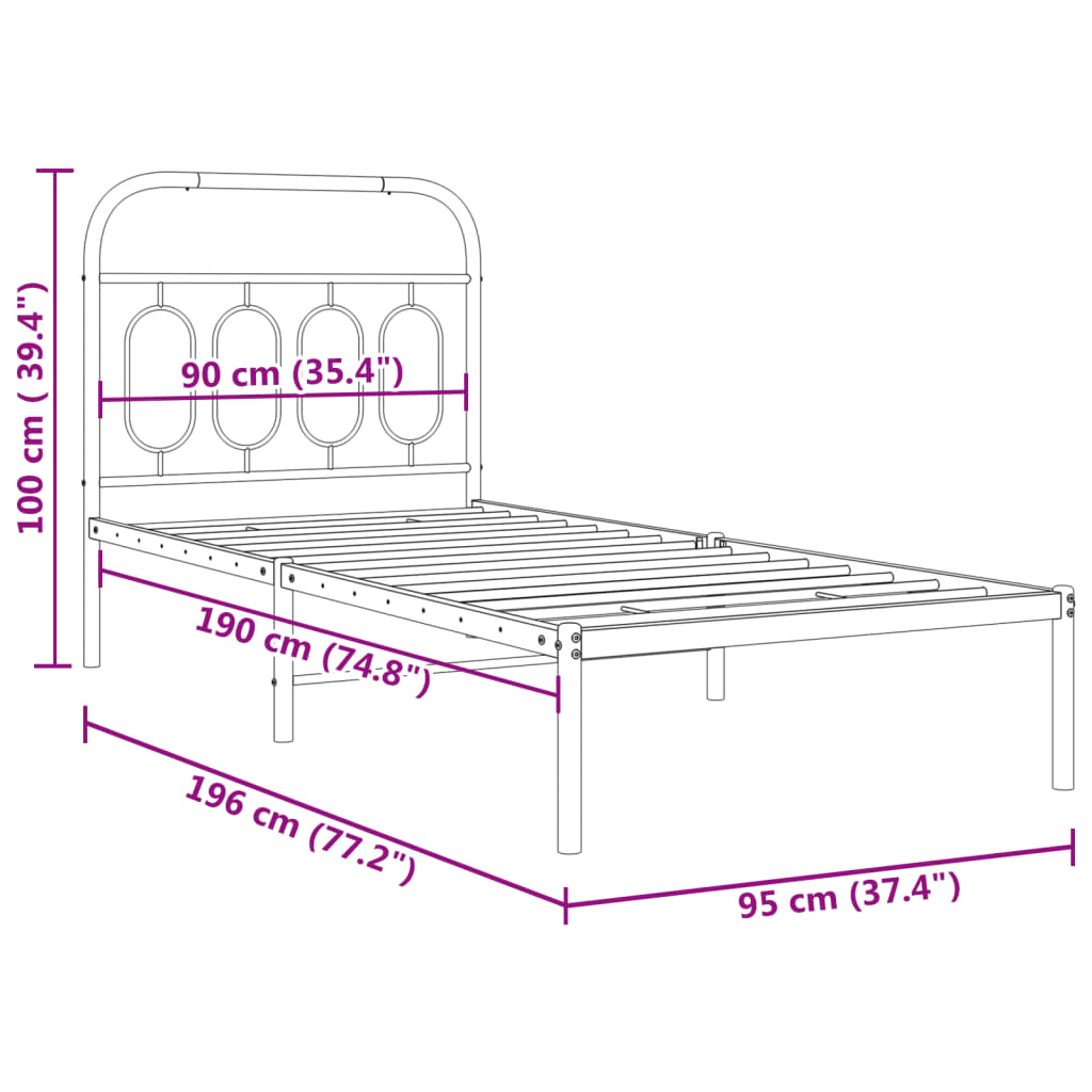 vidaXL Metal Bed Frame without Mattress with Headboard Black 90x190cm