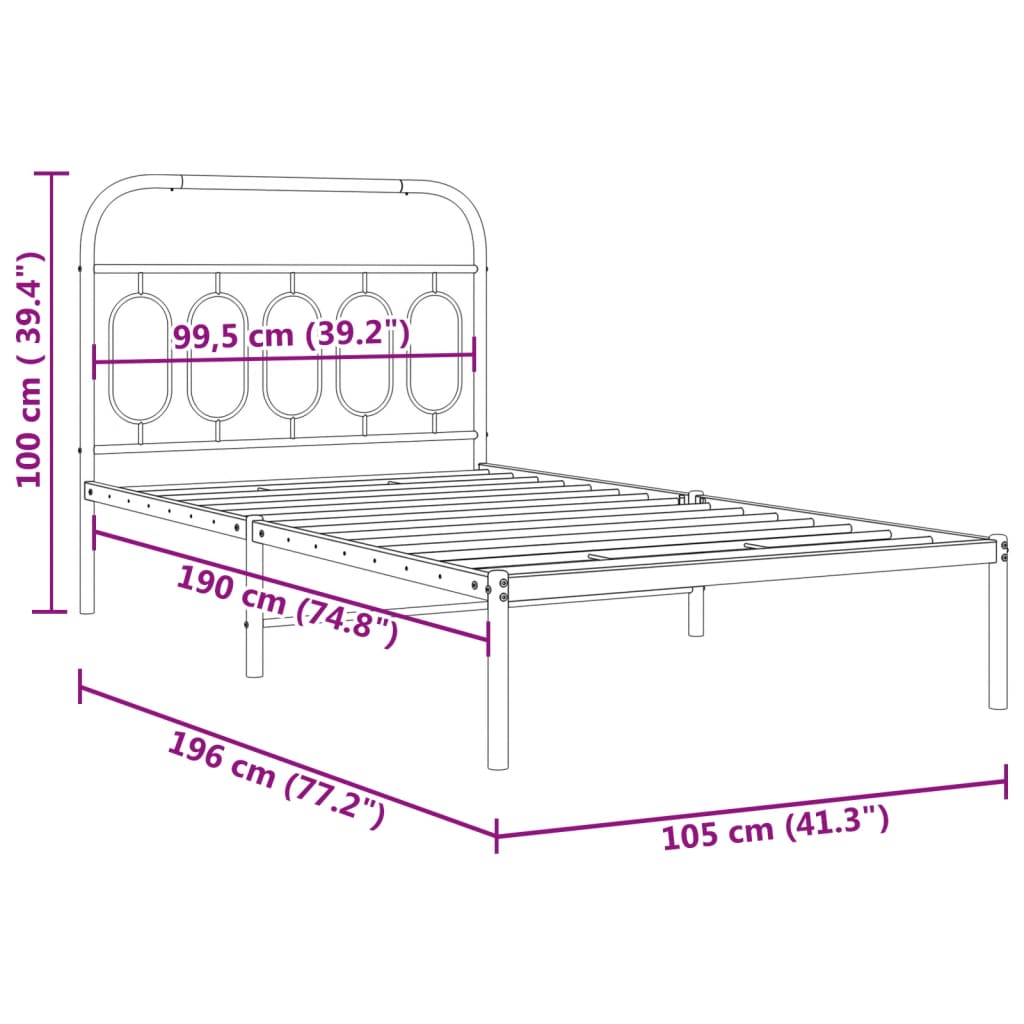 vidaXL Metal Bed Frame without Mattress with Headboard Black 100x190cm