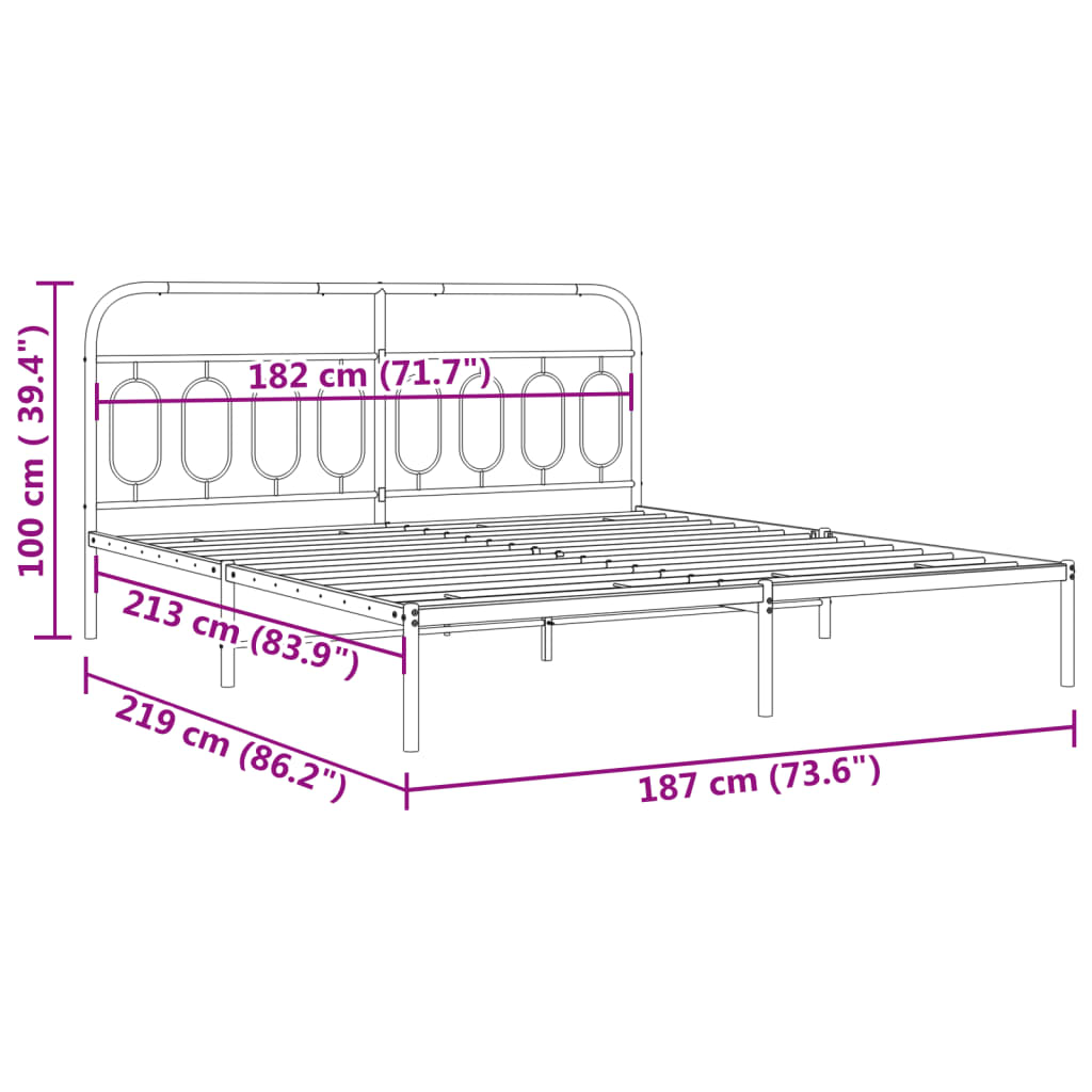 vidaXL Metal Bed Frame without Mattress with Headboard Black 183x213cm