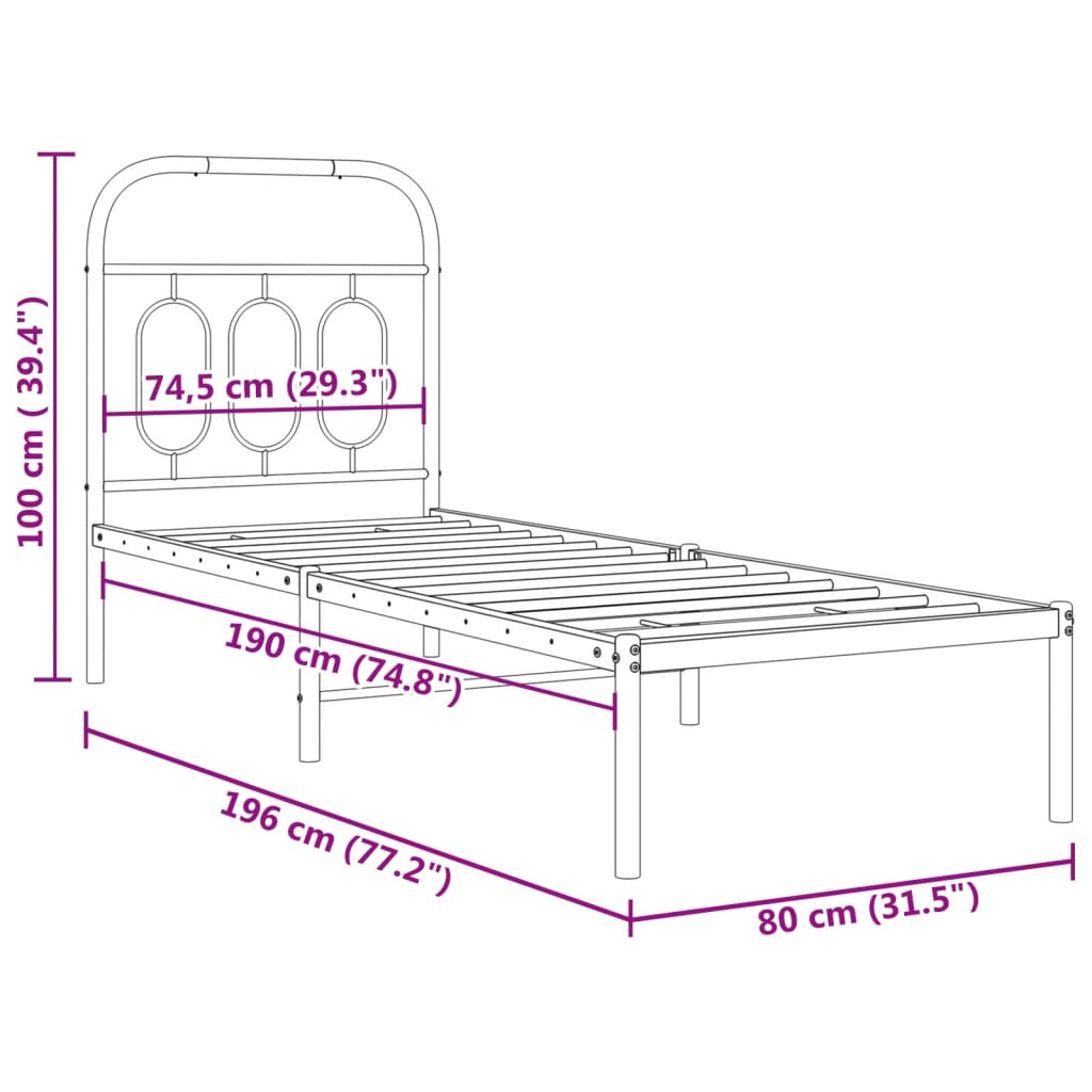 vidaXL Metal Bed Frame without Mattress with Headboard White 75x190cm