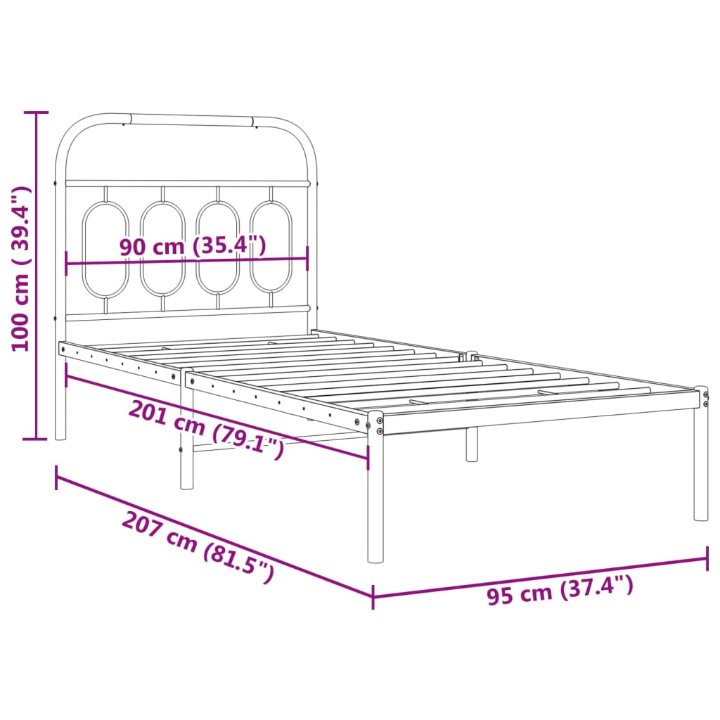 vidaXL Metal Bed Frame without Mattress with Headboard White 90x200cm