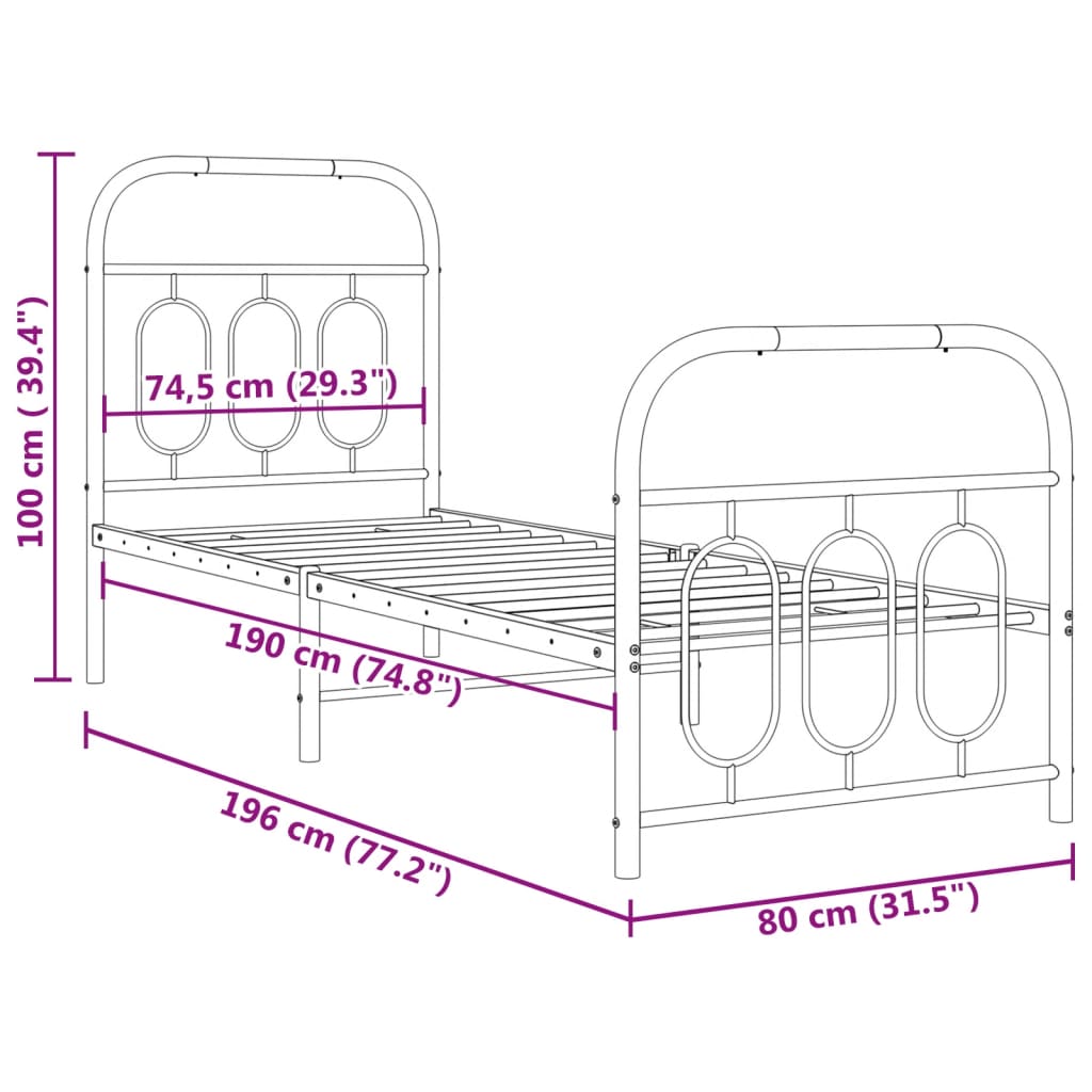 vidaXL Metal Bed Frame without Mattress with Footboard White 75x190cm