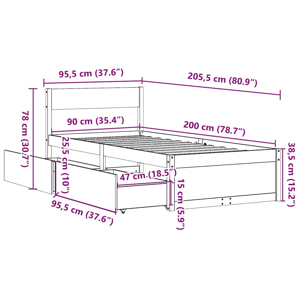 Bed Frame without Mattress 90x200 cm Solid Wood Pine