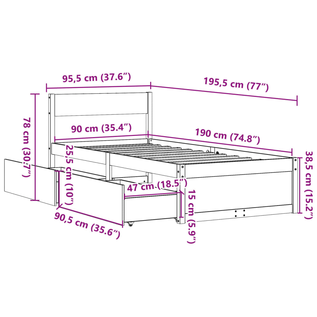 vidaXL Bed Frame without Mattress Wax Brown 90x190 cm Single Solid Wood Pine