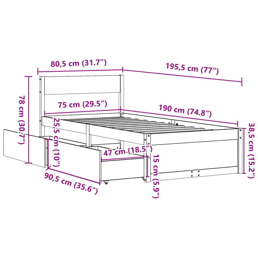 vidaXL Bed Frame without Mattress 75x190 cm Small Single Solid Wood Pine