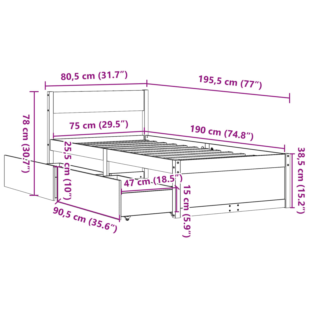 vidaXL Bed Frame without Mattress White 75x190 cm Small Single Solid Wood Pine