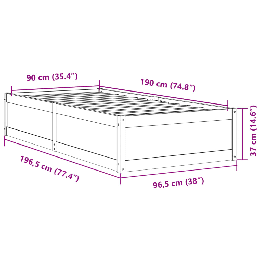 vidaXL Bed Frame without Mattress Wax Brown 90x190 cm Single Solid Wood Pine