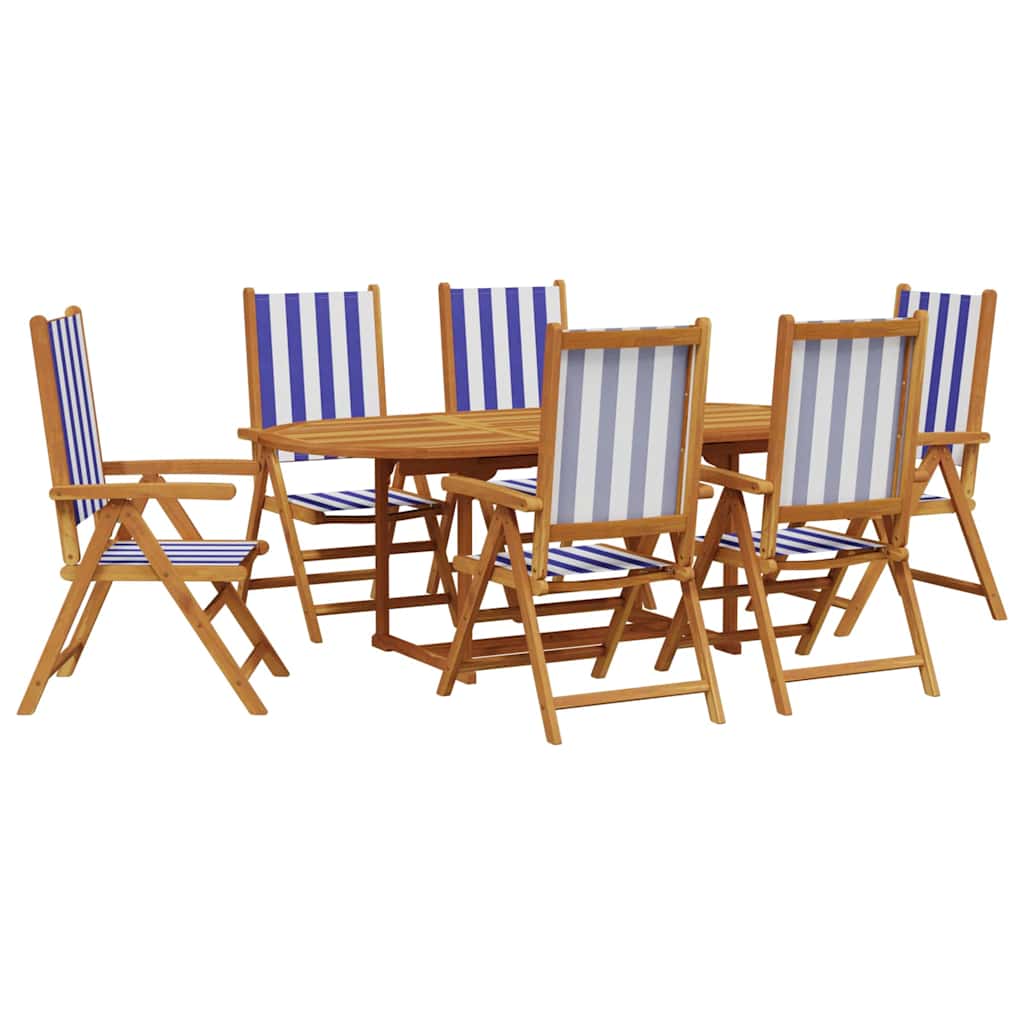 7 Piece Garden Dining Set Blue and White Fabric and Solid Wood