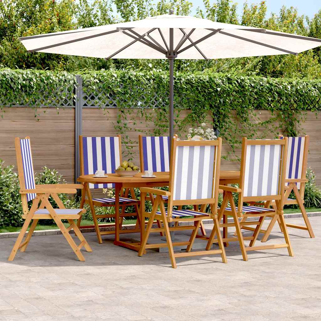 7 Piece Garden Dining Set Blue and White Fabric and Solid Wood