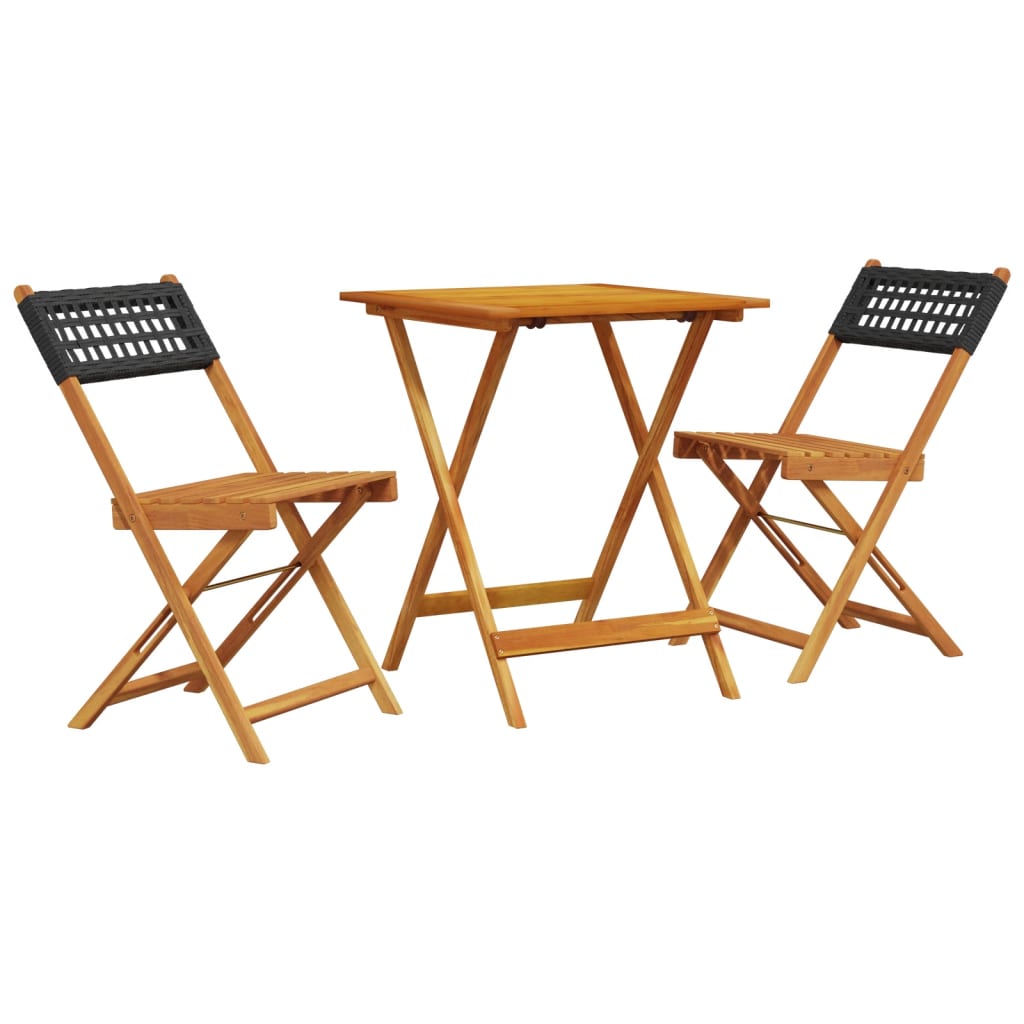 Bistro Set | Black | Solid acacia wood, PE rattan | Compact | Foldable