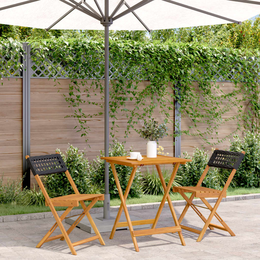 Bistro Set | Black | Solid acacia wood, PE rattan | Compact | Foldable
