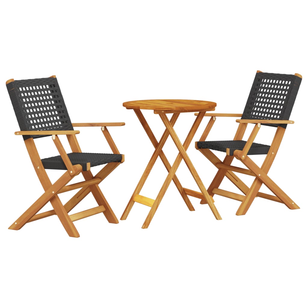 Bistro Set | Black | Poly Rattan, Solid Acacia wood with an oil finish