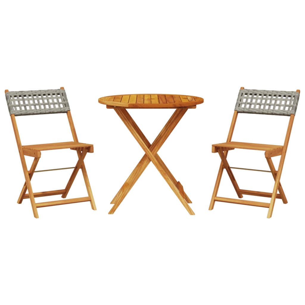 Bistro Set | Grey | Solid acacia wood, PE rattan | Compact | Collapsible