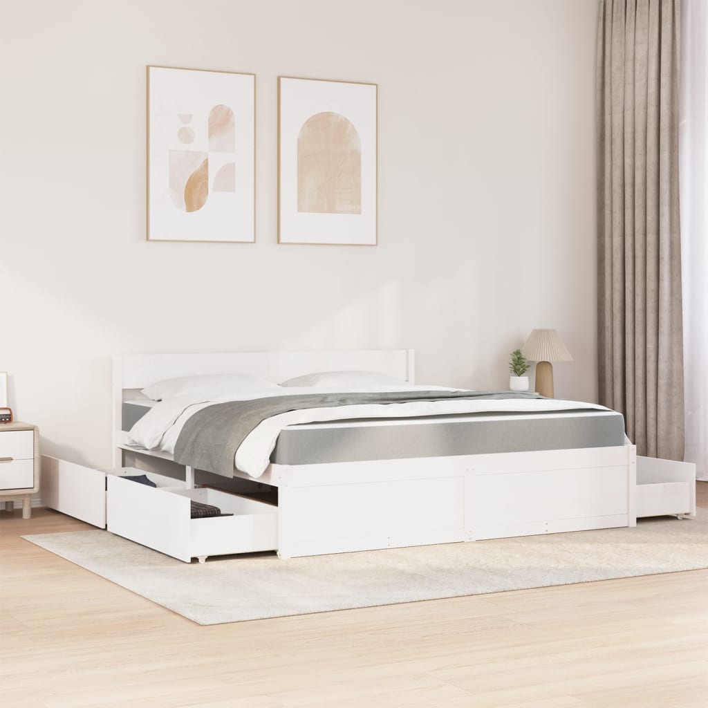 vidaXL Bed with Drawers and Mattress White 180x200 cm Super King Solid Wood Pine