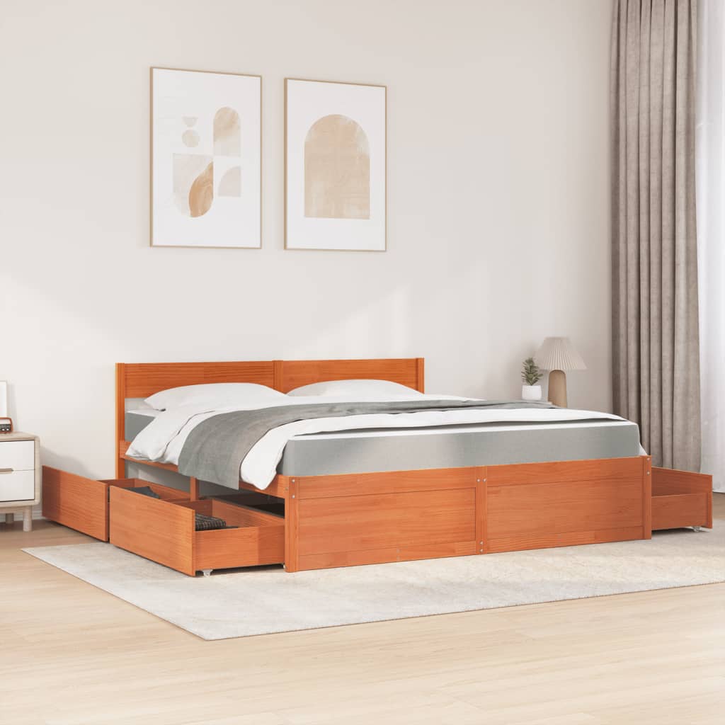 vidaXL Bed with Drawers and Mattress Wax Brown 180x200 cm Super King Solid Wood Pine