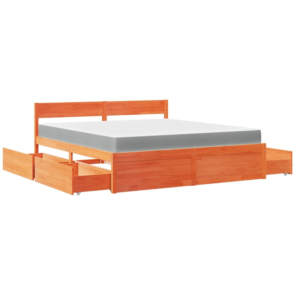 vidaXL Bed with Drawers and Mattress Wax Brown 180x200 cm Super King Solid Wood Pine