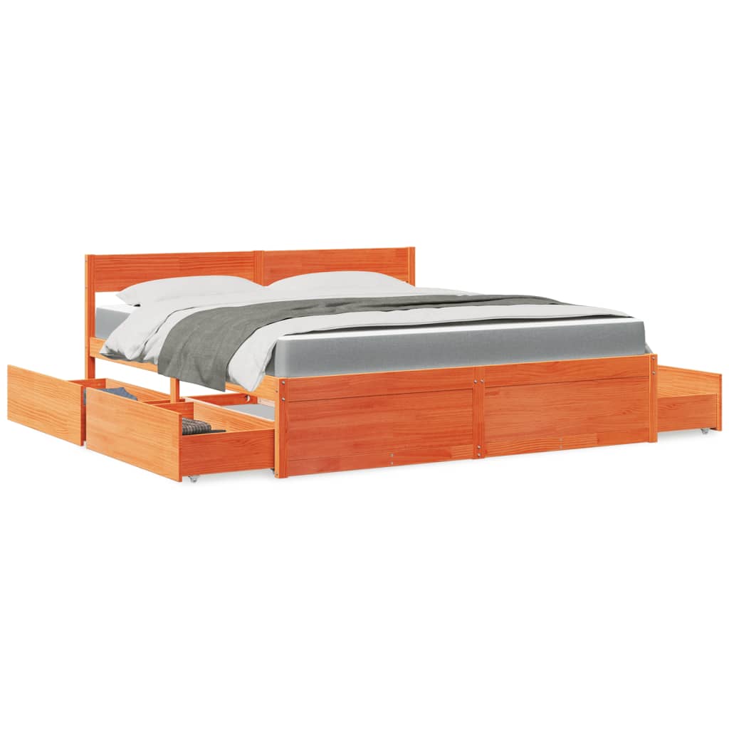 vidaXL Bed with Drawers and Mattress Wax Brown 180x200 cm Super King Solid Wood Pine