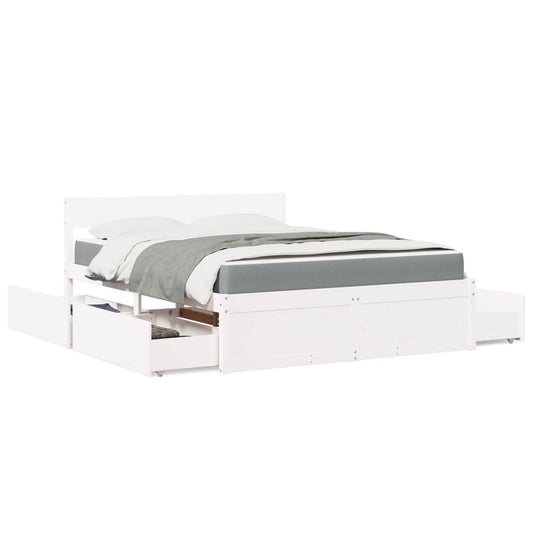 vidaXL Bed with Drawers and Mattress White 140x200 cm Solid Wood Pine