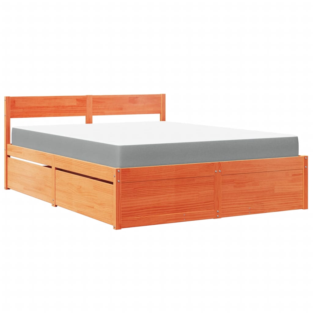 vidaXL Bed with Drawers and Mattress Wax Brown 140x200 cm Solid Wood Pine