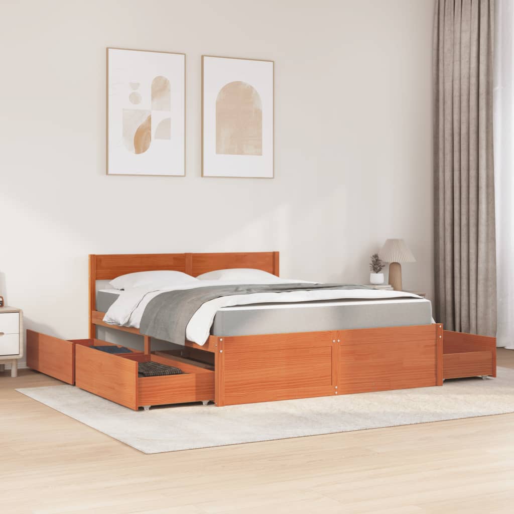 vidaXL Bed with Drawers and Mattress Wax Brown 140x200 cm Solid Wood Pine