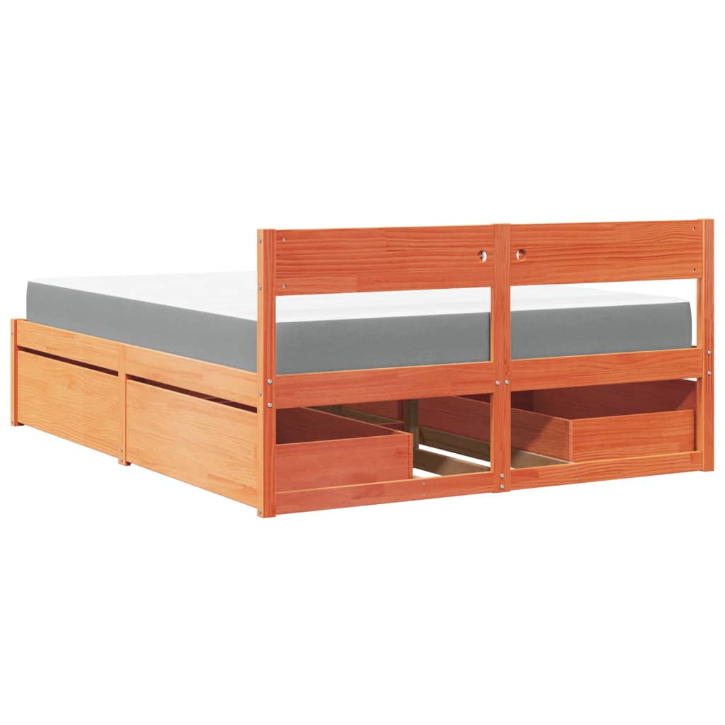 vidaXL Bed with Drawers and Mattress Wax Brown 140x200 cm Solid Wood Pine