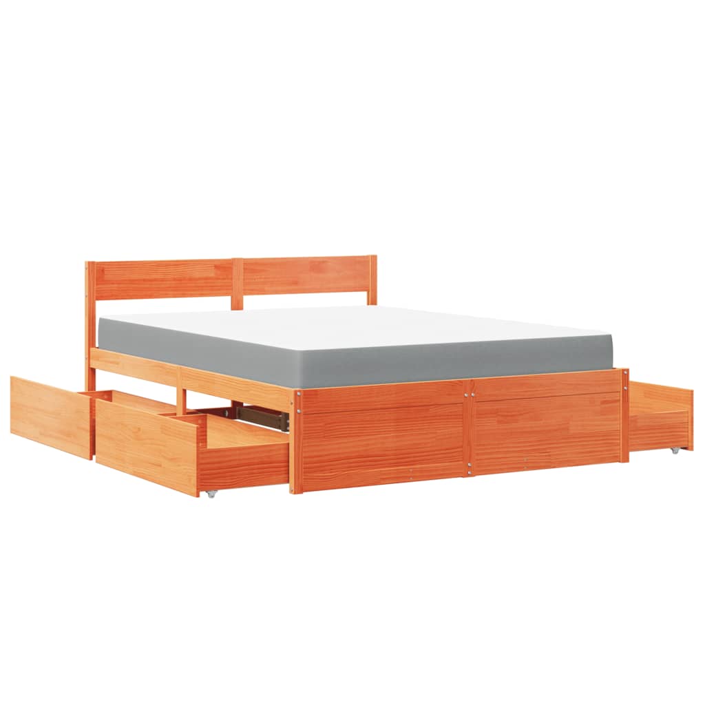 vidaXL Bed with Drawers and Mattress Wax Brown 140x200 cm Solid Wood Pine