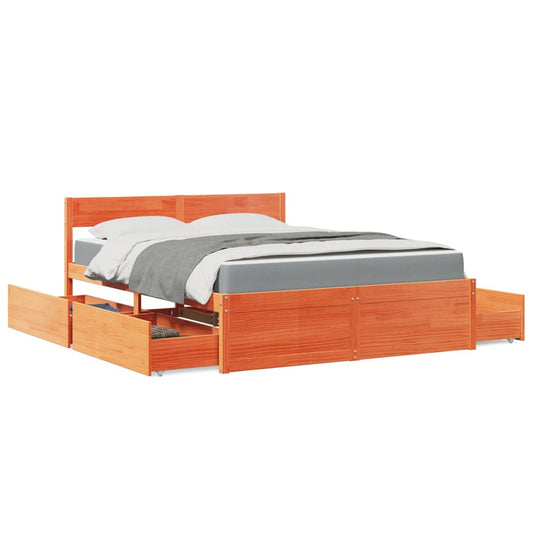 vidaXL Bed with Drawers and Mattress Wax Brown 140x200 cm Solid Wood Pine