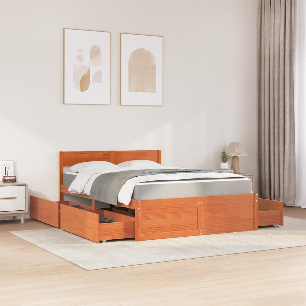 vidaXL Bed with Drawers and Mattress Wax Brown 120x200 cm Solid Wood Pine