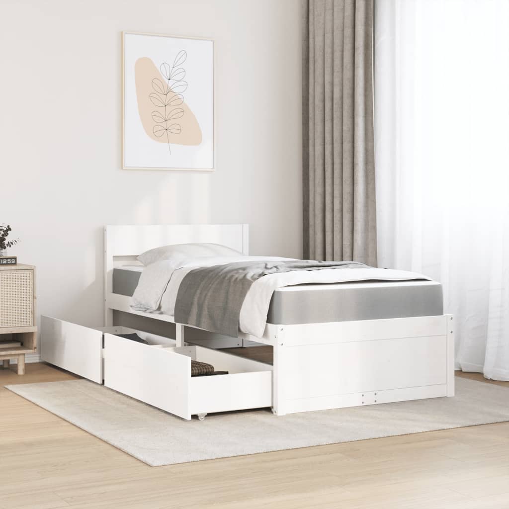 vidaXL Bed with Drawers and Mattress White 90x200 cm Solid Wood Pine