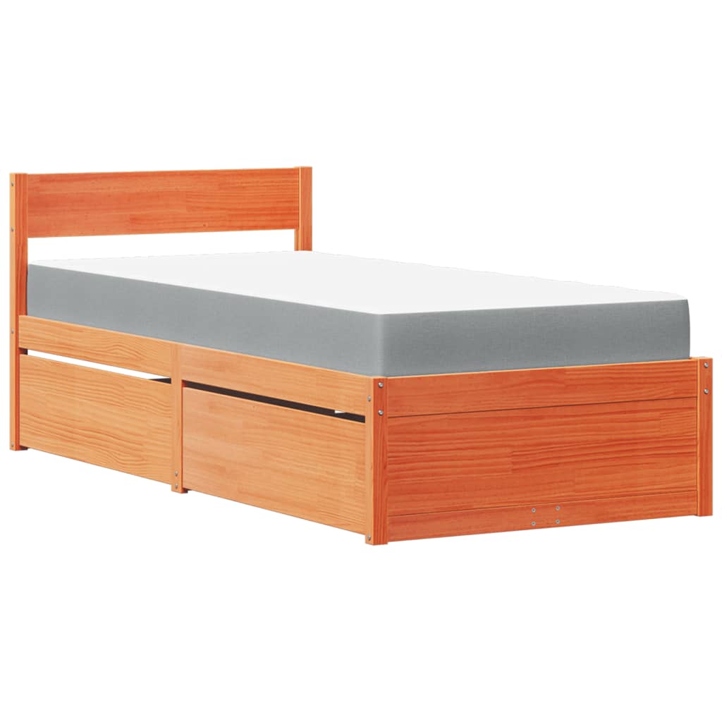 vidaXL Bed with Drawers and Mattress Wax Brown 90x200 cm Solid Wood Pine