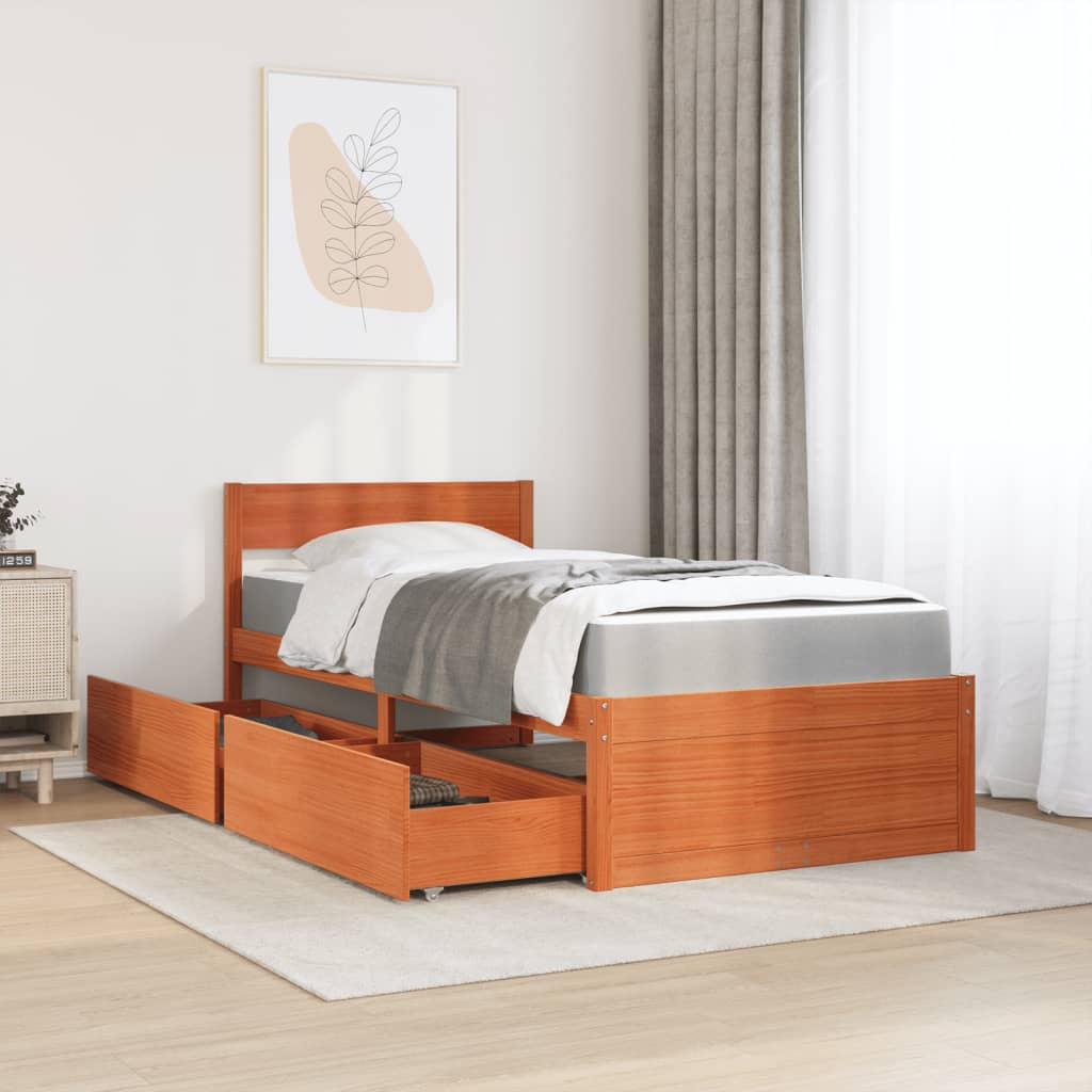 vidaXL Bed with Drawers and Mattress Wax Brown 90x200 cm Solid Wood Pine