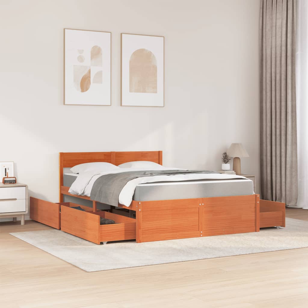 vidaXL Bed with Drawers and Mattress Wax Brown 140x190 cm Solid Wood Pine