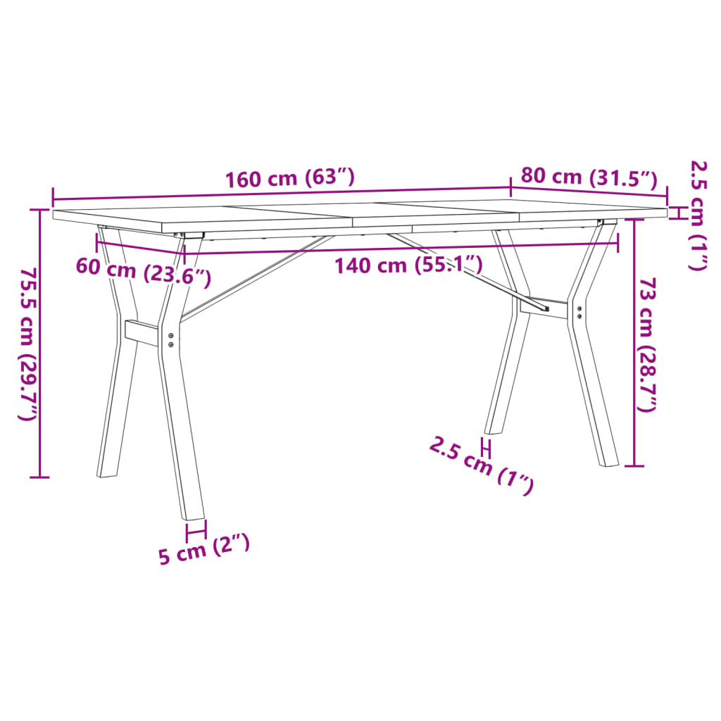 vidaXL Dining Table Y-Frame 160x80x75.5 cm Solid Wood Pine and Steel