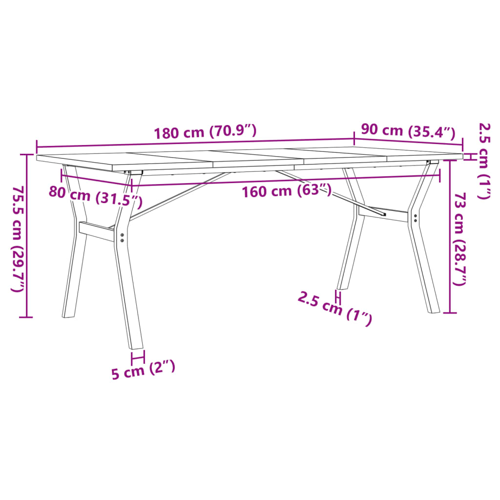 vidaXL Dining Table Y-Frame 180x90x75.5 cm Solid Wood Pine and Steel