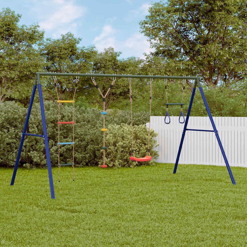 Outdoor Swing Set with Swing, Trapeze, Ladder, Disc Swing