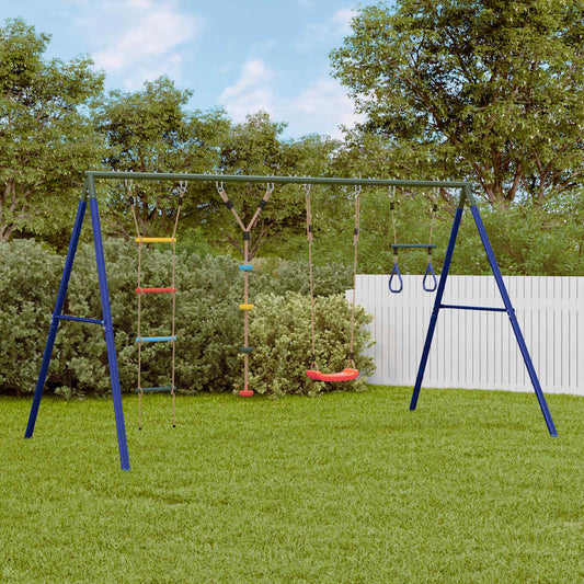 Outdoor Swing Set with Swing, Trapeze, Ladder, Disc Swing