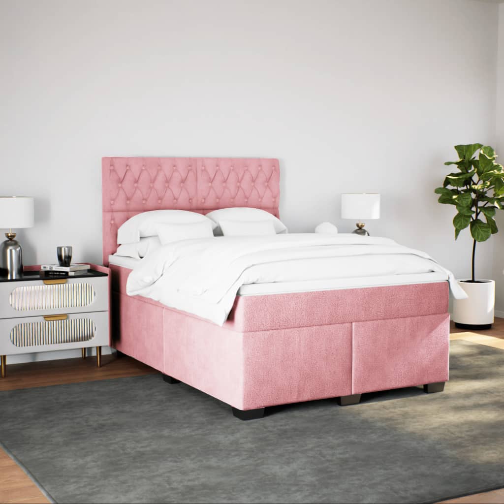 vidaXL Box Spring Bed with Mattress Pink 140x190 cm Velvet