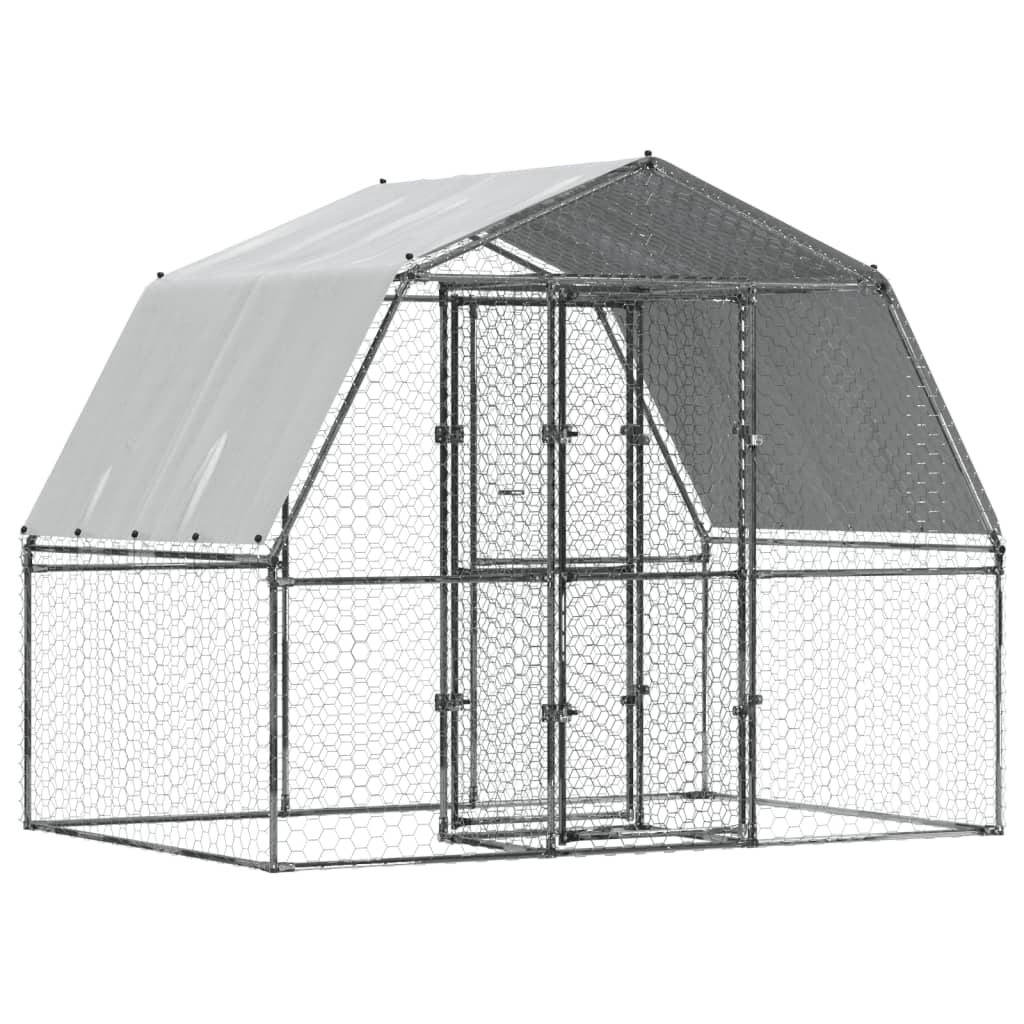 Chicken Cage with Roof and Door Silver Galvanised Steel