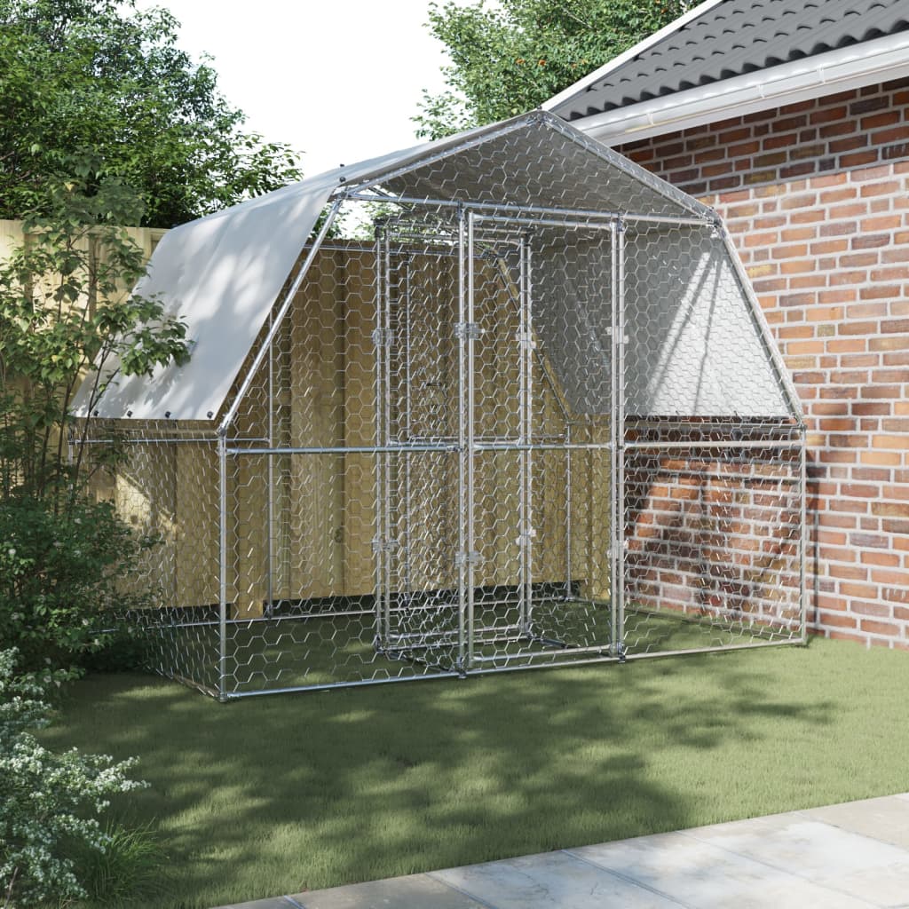 Chicken Cage with Roof and Door Silver Galvanised Steel