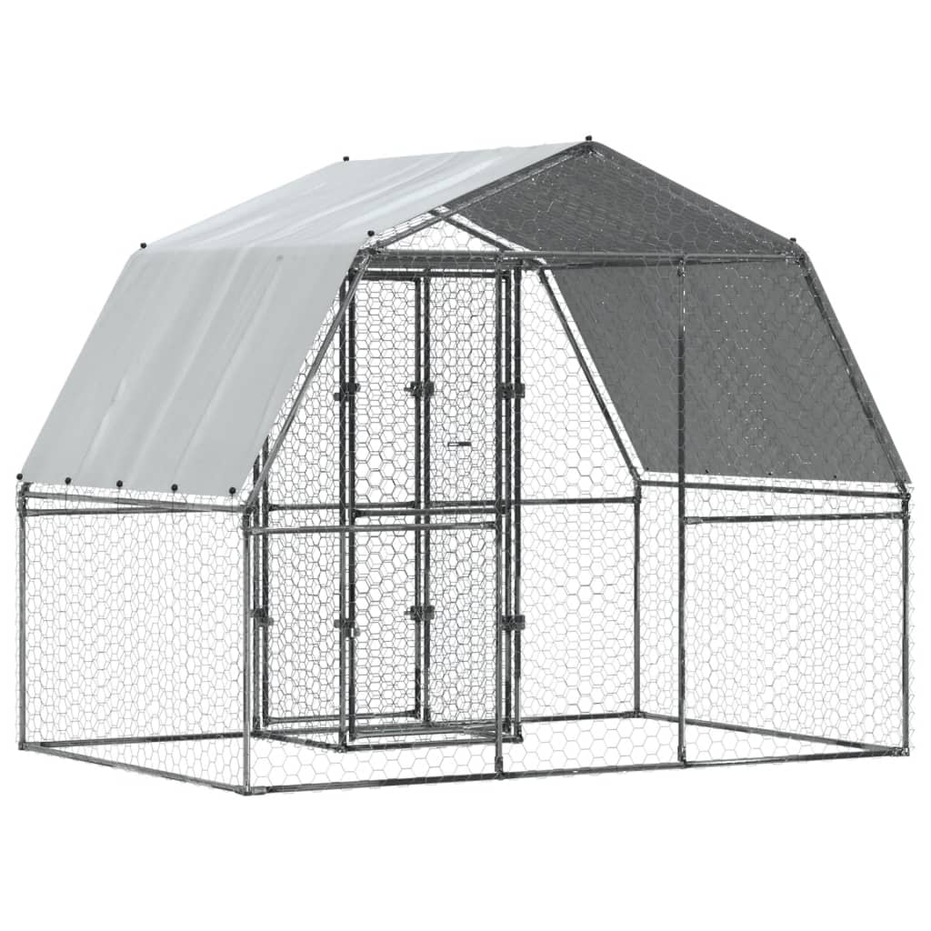 Chicken Cage with Roof and Door Silver Galvanised Steel