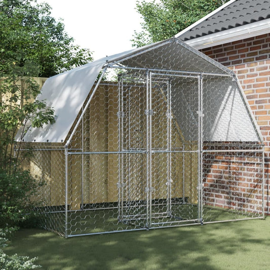 Chicken Cage with Roof and Door Silver Galvanised Steel