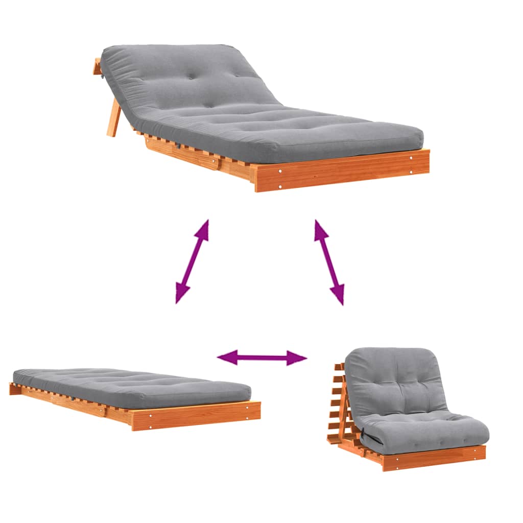Futon Sofa Bed with Mattress Wax Brown 90x206x11 cm Solid Wood Pine