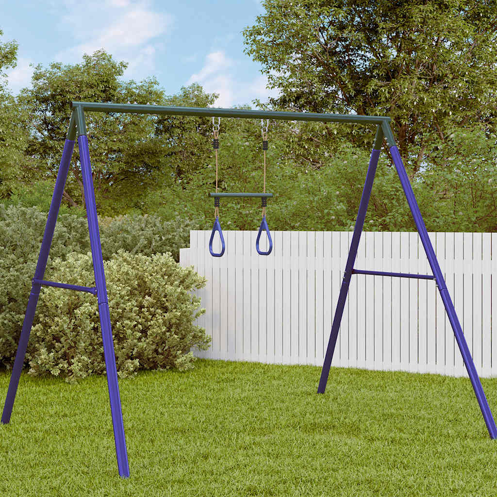 Trapeze Bar with Gym Rings for Kids Blue and Dark Green Steel