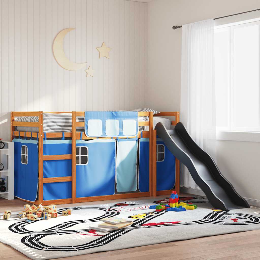 Bunk Bed without Mattress with Slide and Curtains Blue 90x200 cm